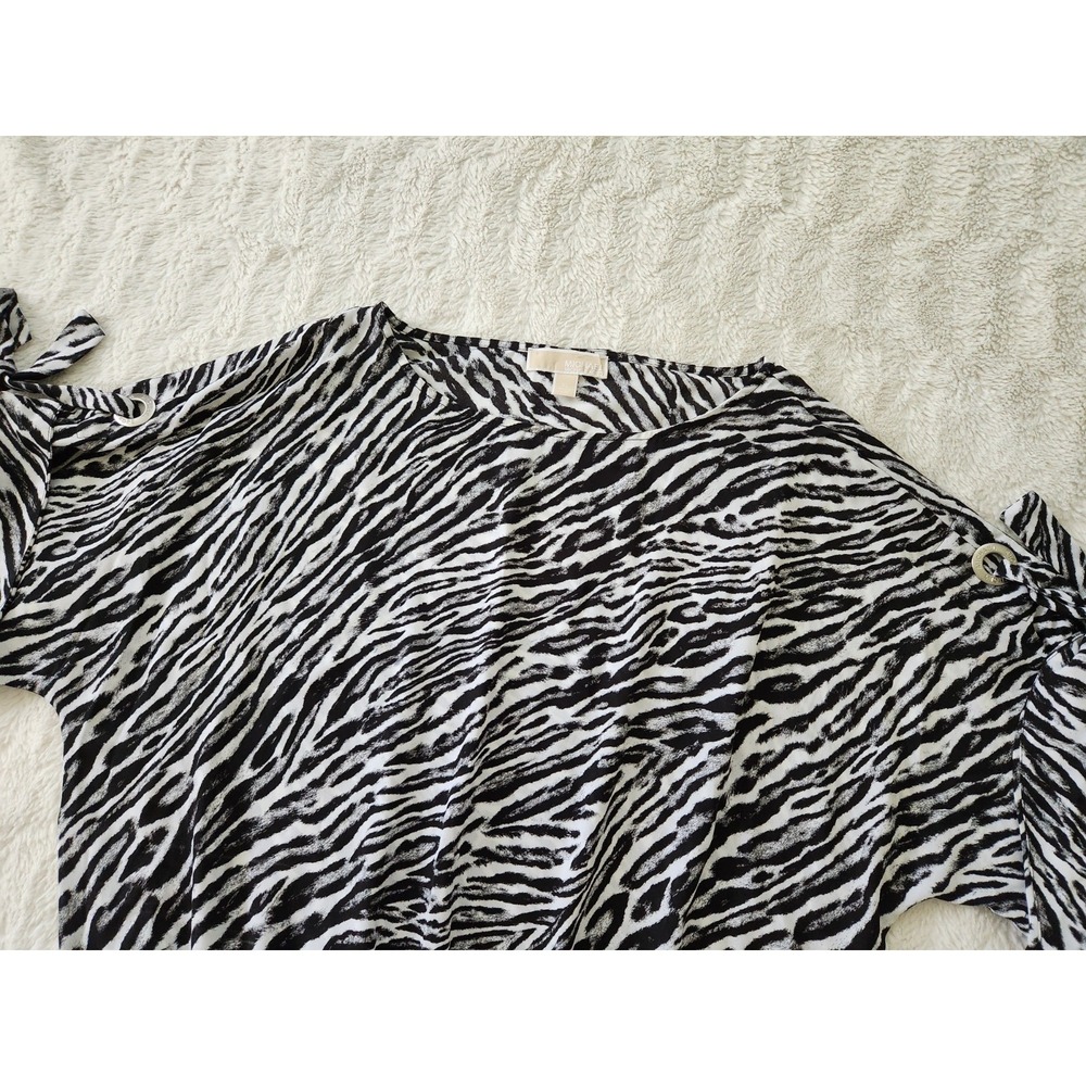 Michael Michael‎ Kors Zebra Print Smocked Waist Top XL Cold Shoulder Tie Sleeve